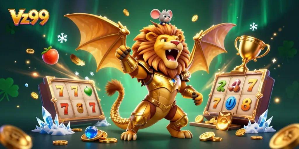 Engage in thrilling gameplay at Vz99 with an ornate chimera and vibrant casino atmosphere.