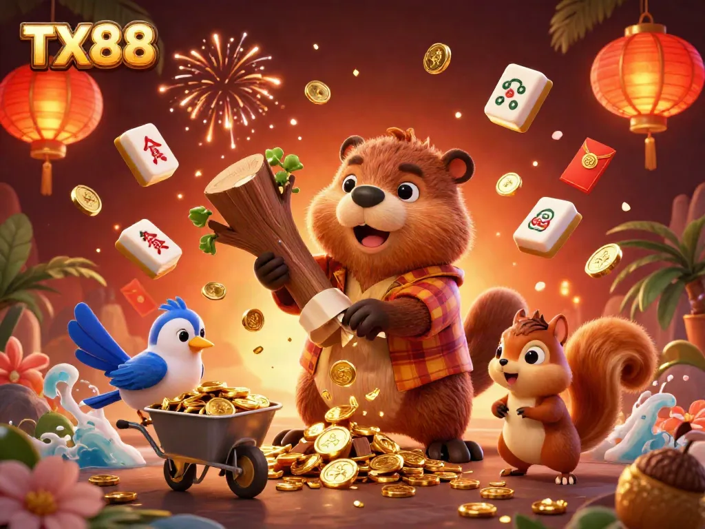Experience vibrant gameplay with TX88, featuring animated characters collecting coins in a lively casino setting.