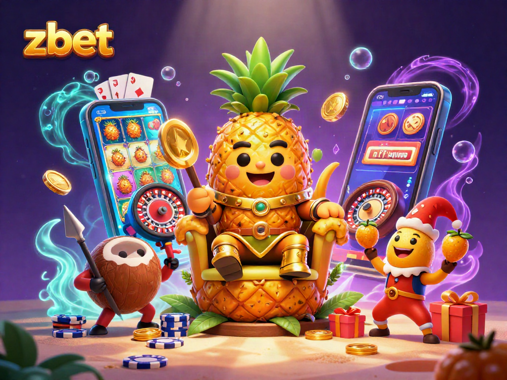 Zbet engages players with vibrant casino excitement featuring a golden pineapple king and tropical characters.