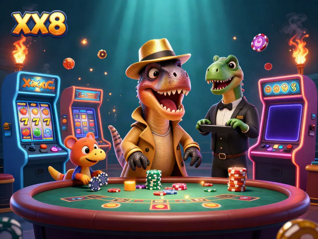 Experience XX8 slots and jackpots in a vibrant cartoon casino scene with animated characters.