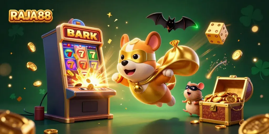 Experience excitement with RAJA88 as a superhero dog and hamster navigate a vibrant casino scene.