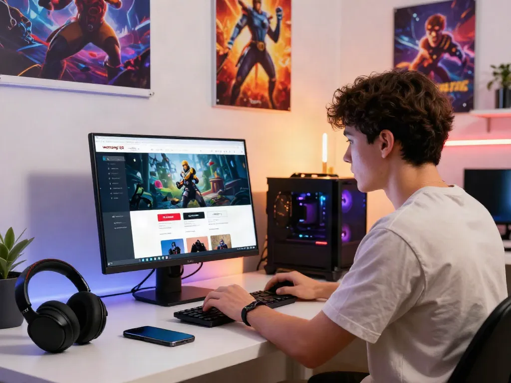 Young gamer engaging with warung168's online store, showcasing gaming vouchers and dynamic workspace.