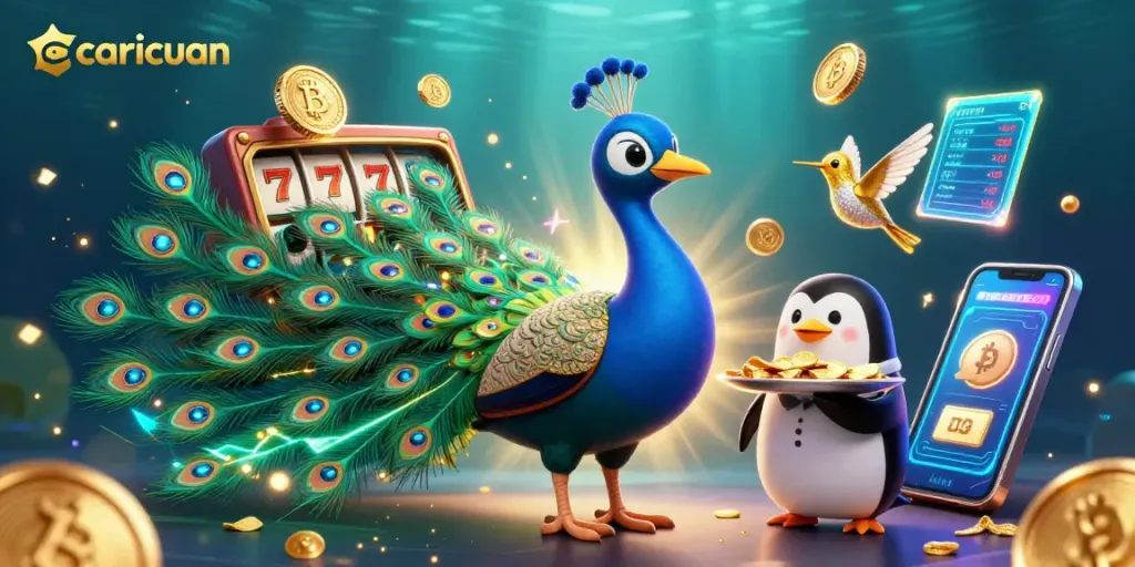 Permainan jackpot di caricuan dengan karakter burung merak dan penguin membawa chip emas