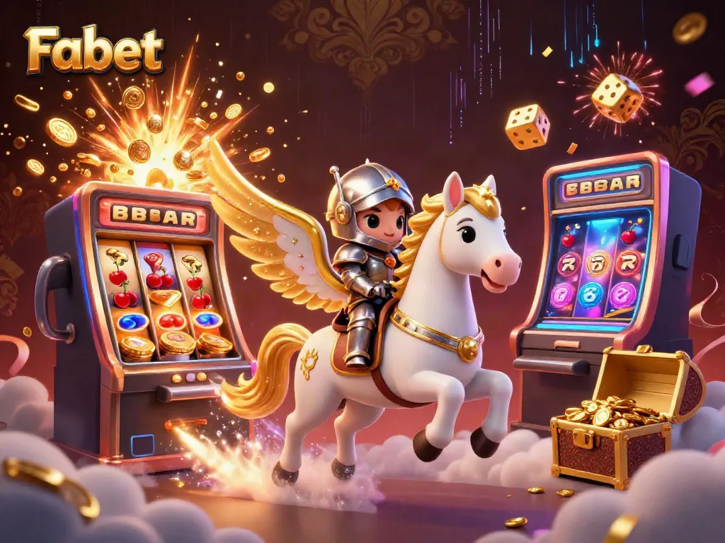 Experience Fabet's thrilling jackpot ride with a celestial horse and a knight among vibrant casino elements.