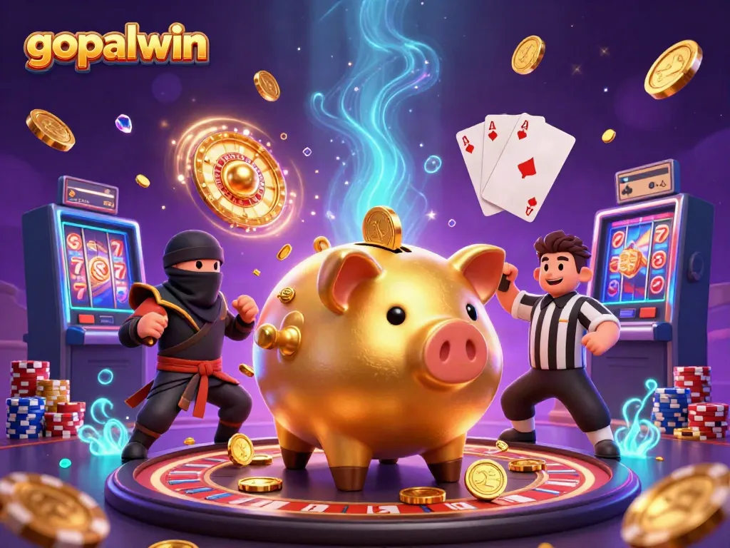 Engage with gopalwin's thrilling casino scene featuring a golden piggy bank wrestler, wallet ninja, and credit card samurai.
