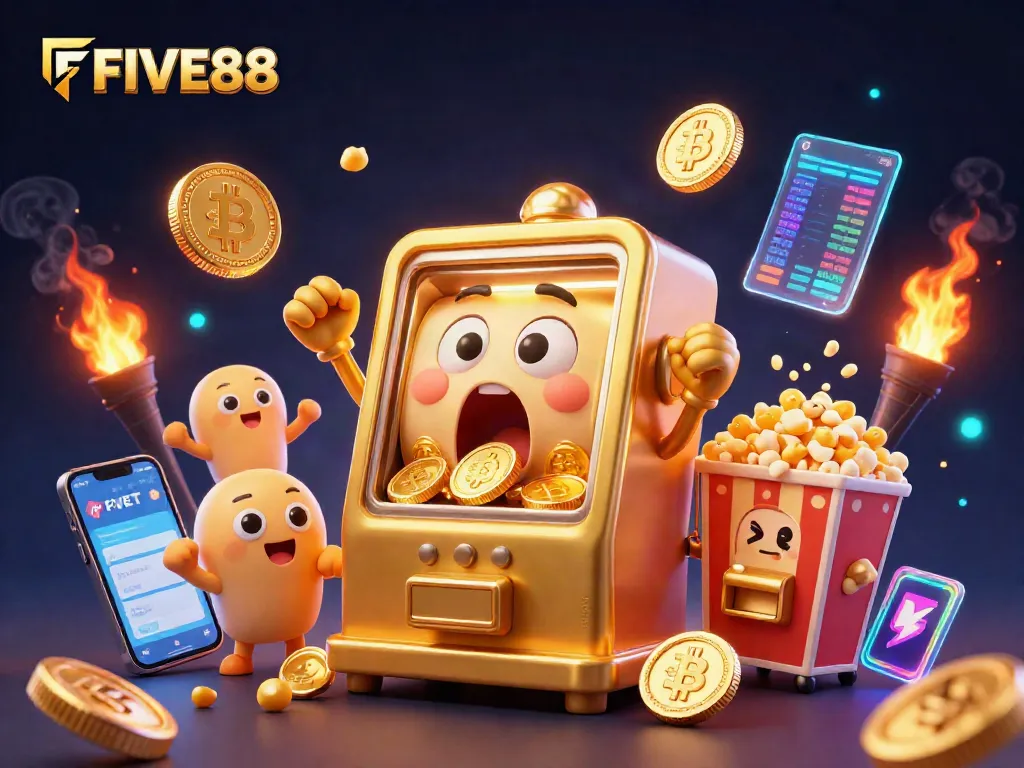 FIVE88's winning slot machine celebrates jackpot success with golden coins spilling out in vivid digital casino scene.