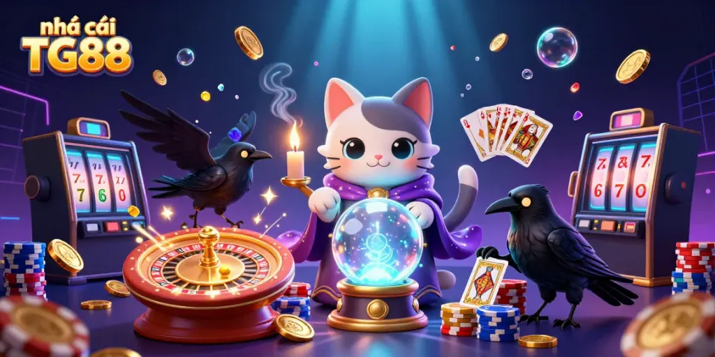 Engage with Nhà cái TG88 as the mystical cat fortune teller, tarot raven, and candle flames illuminate your gambling journey.