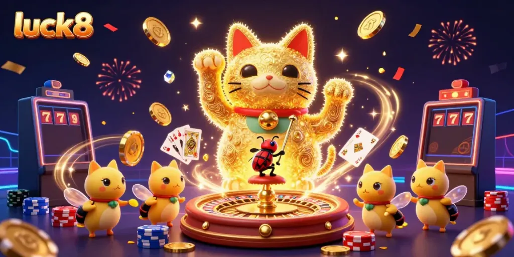 Experience luck8's vibrant casino world with dynamic golden fireflies and exciting game elements.