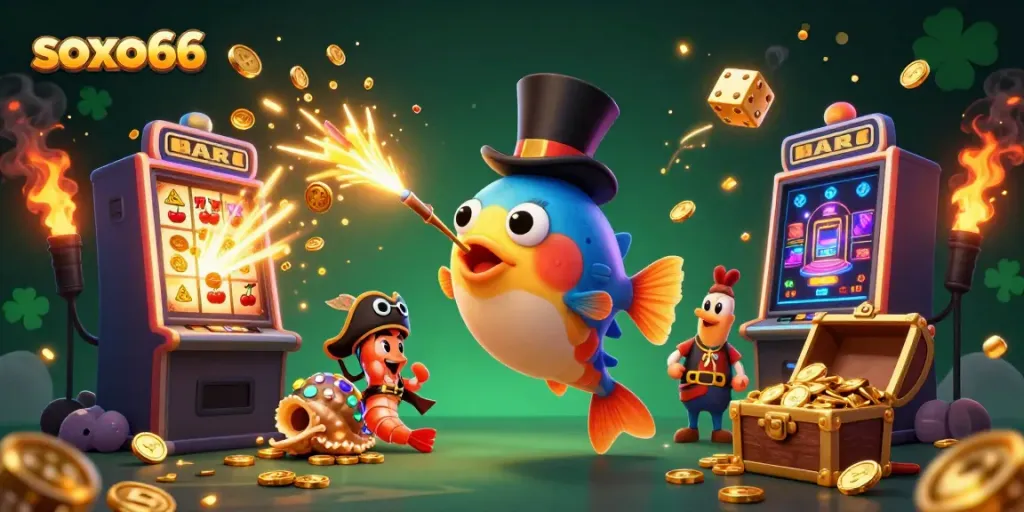 Engage in action with soxo66 as the deep-sea anglerfish attracts coins amidst thrilling casino elements.