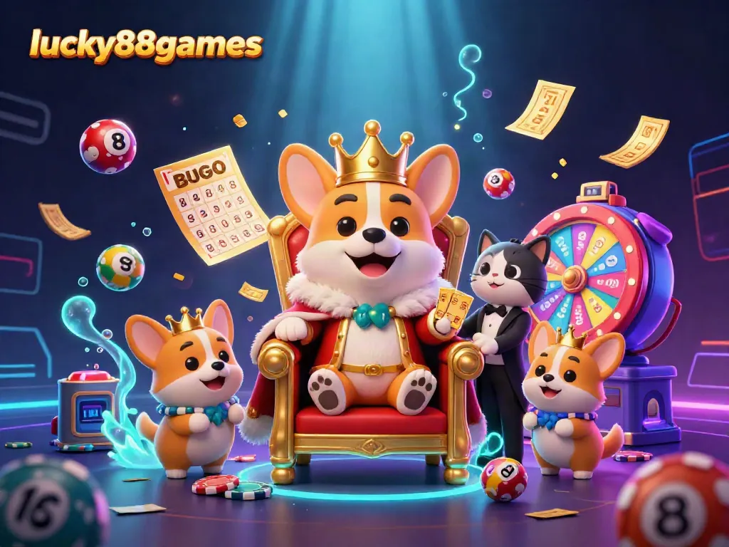 Experience the excitement of lucky88games with vibrant gaming elements and original characters in a royal casino setting.