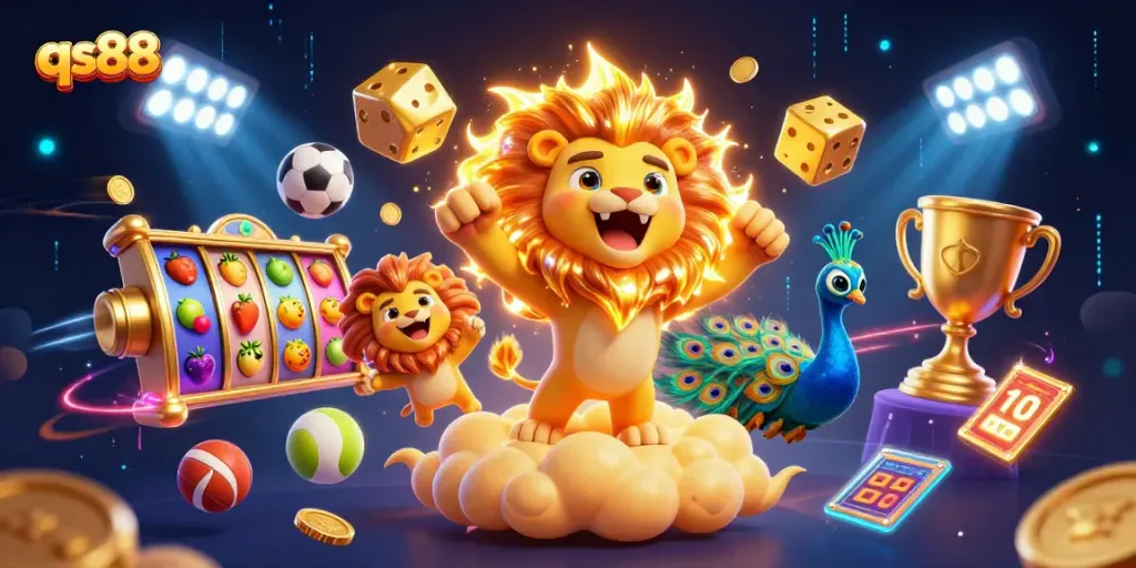 Experience excitement with qs88 as a 3D cartoon lion triumphs in a casino chaos.