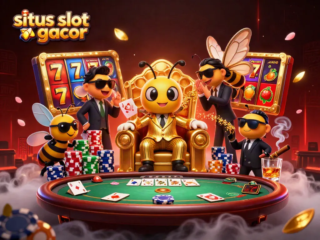 Witness the captivating scene of situs slot gacor with a bumblebee mob boss presiding over vibrant slot reels.