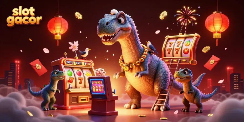 Gambar slot gacor dengan brontosaurus tinggi, raptor, dan berbagai elemen permainan yang menarik.