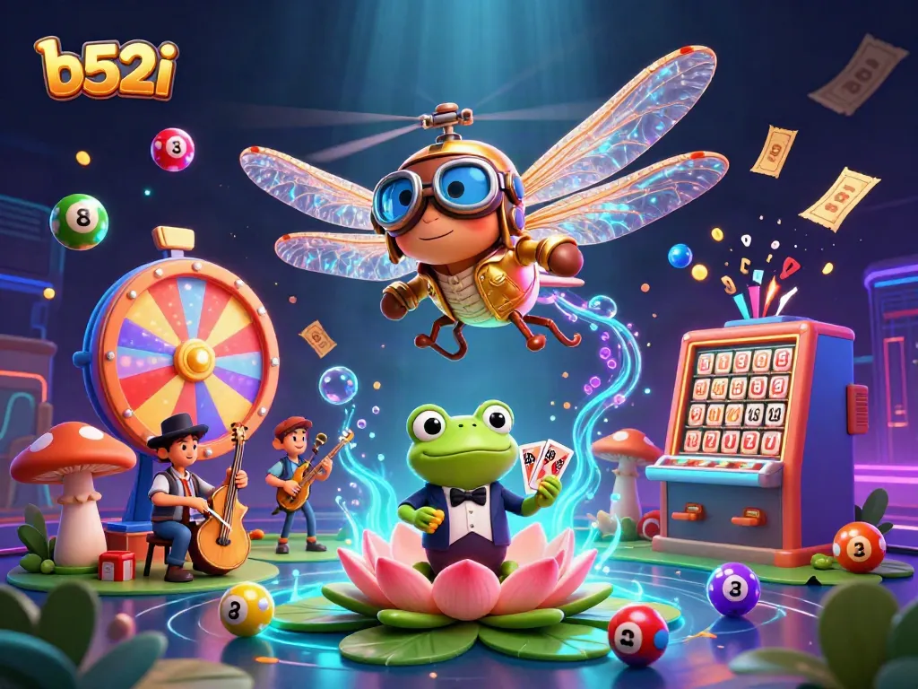 Engage with b52i's vibrant casino scene featuring dynamic lottery elements and whimsical characters.