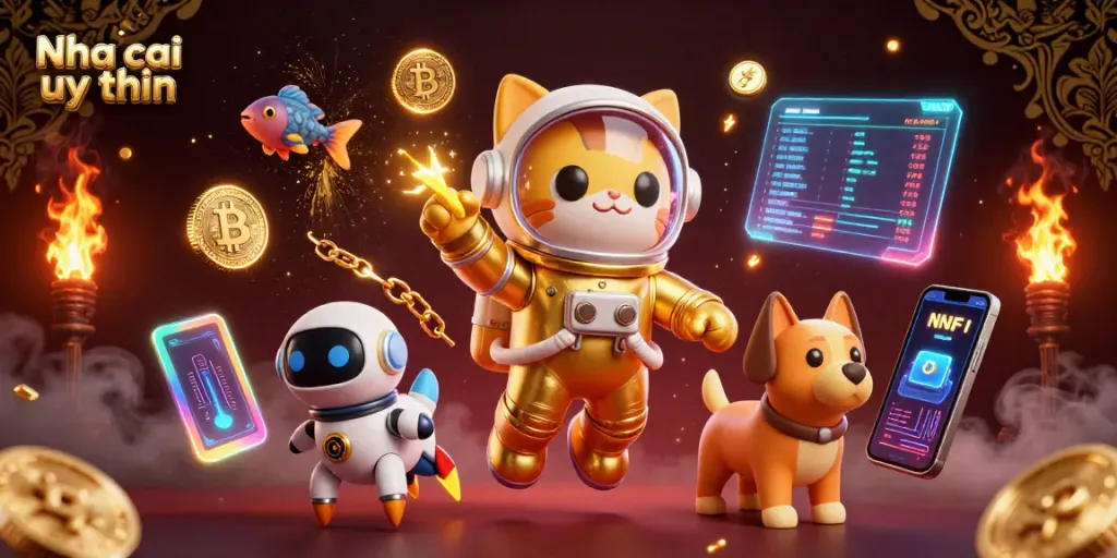 Nha cai uy tin showcases an astronaut cat and robot dog amidst vibrant gaming elements for an exciting online gambling scene.