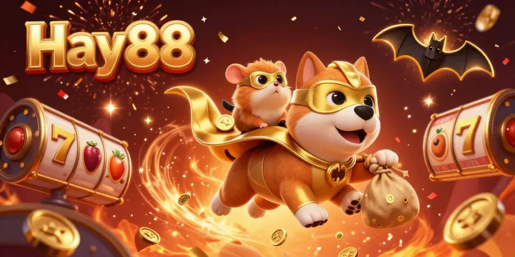 Engage in winning strategies at Hay88 with vibrant 3D illustrations of a superhero dog and gambling themes.