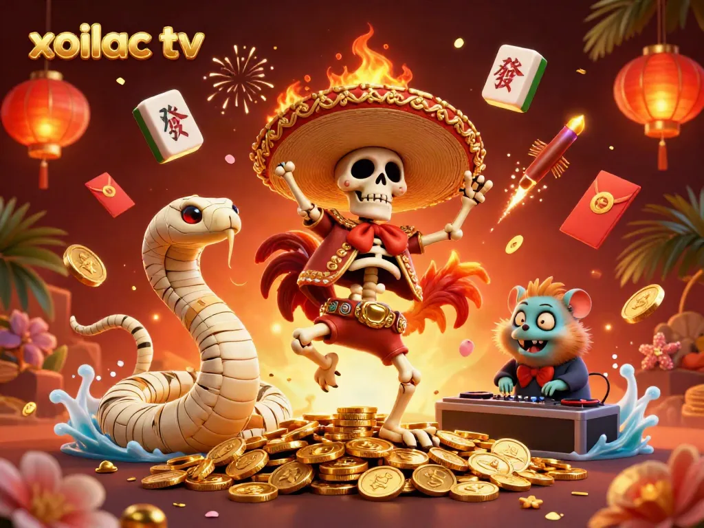 Xoilac TV showcases a vibrant scene with characters celebrating gaming victories while surrounded by casino elements.