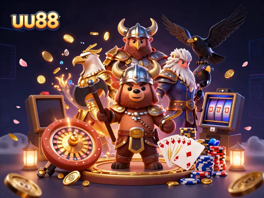 uu88 presents an exhilarating scene with a Viking berserker bear and Valkyrie eagle amidst rich casino elements for players.