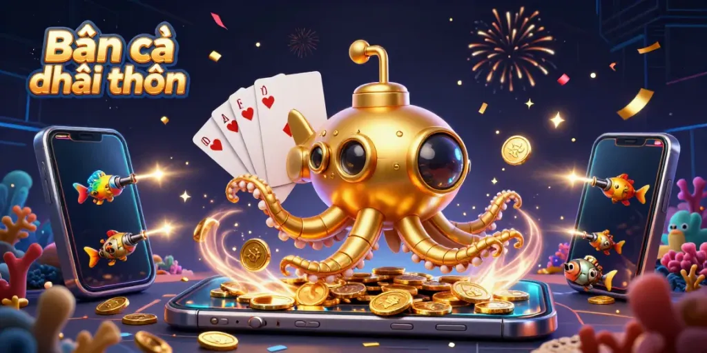 Bắn cá đổi thưởng features a golden kraken submarine among vibrant sea creatures, showcasing an exciting game scene.