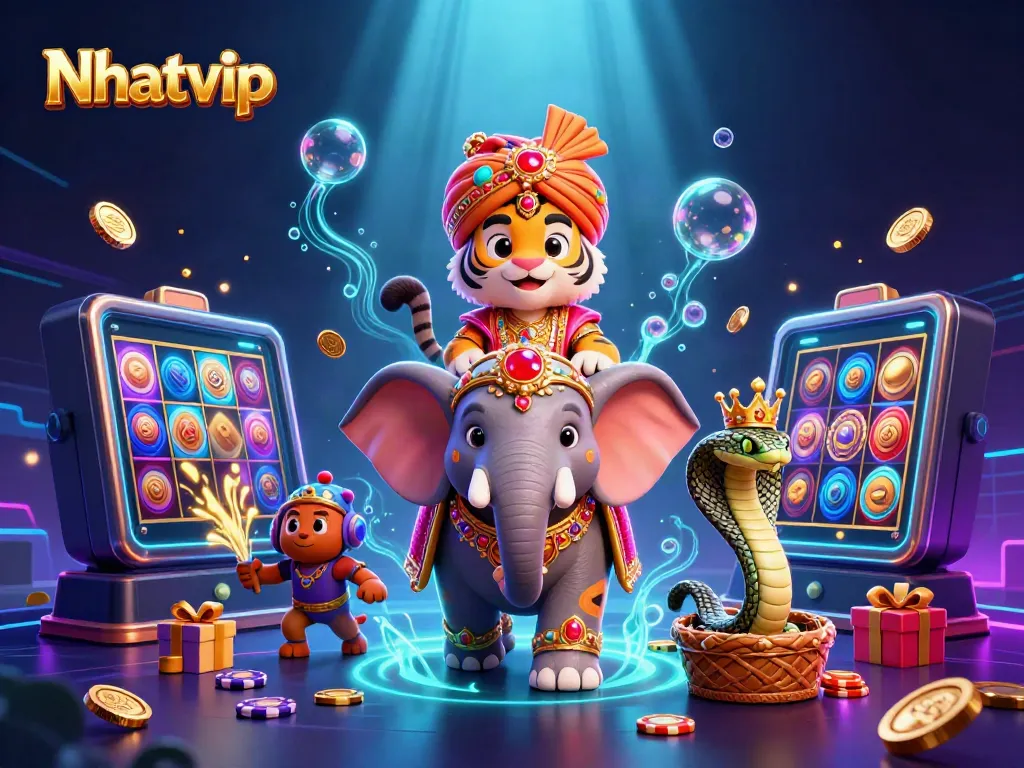 Nhatvip's dynamic casino scene showcasing a maharaja tiger on a jewel-encrusted elephant amidst gaming elements.