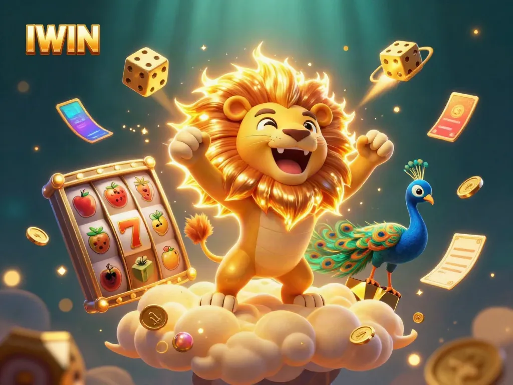 IWIN brings excitement to the casino world with a vibrant scene of animated characters and dynamic slot game symbols.