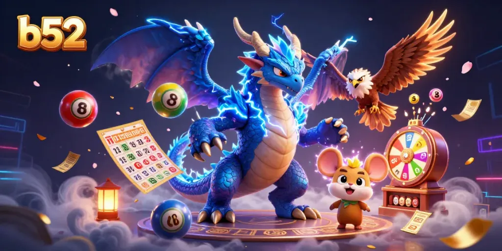 Engage with thrilling b52 casino action as colorful lottery elements burst forth around animated characters.