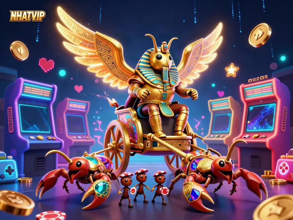 Experience the vibrant gaming world of NHATVIP with a colorful illustration featuring dynamic characters and casino elements.