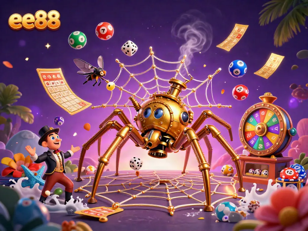Engage with the energy of ee88 as the golden spider spins a web of luck while capturing dice.