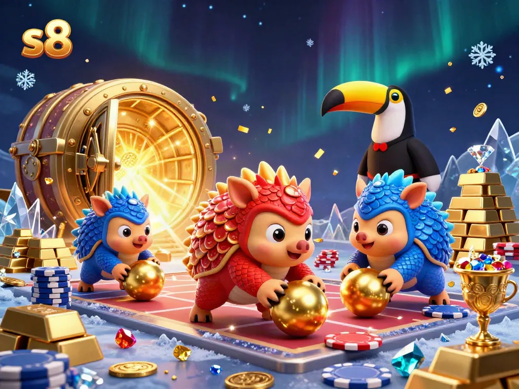 s8 rivals rolling golden balls through poker chips in a vibrant casino scene.