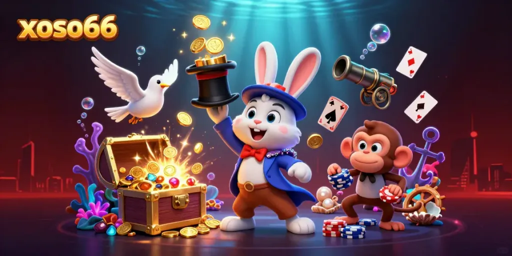 Engage with xoso66 by experiencing a vibrant 3D casino scene featuring a magician and playful elements.