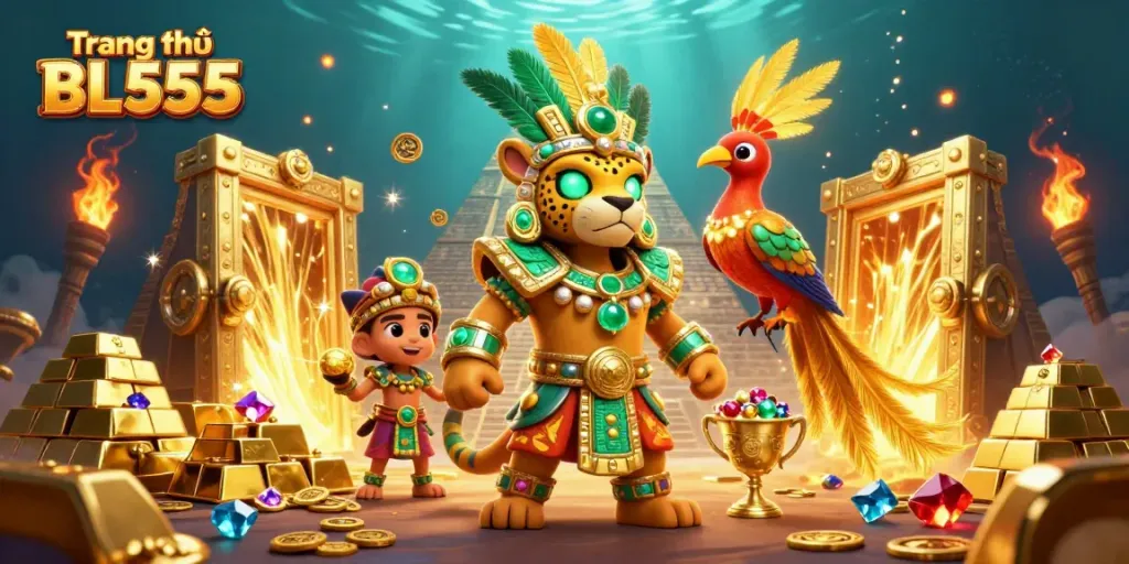 Experience the excitement of Trang chủ BL555 with a vibrant, detailed illustration of a Mayan priest surrounded by treasures