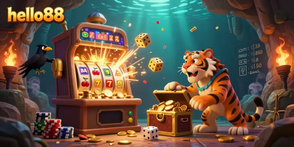 Experience thrilling casino action at hello88 with caveman, sabertooth, and crow in a vibrant prehistoric setting.