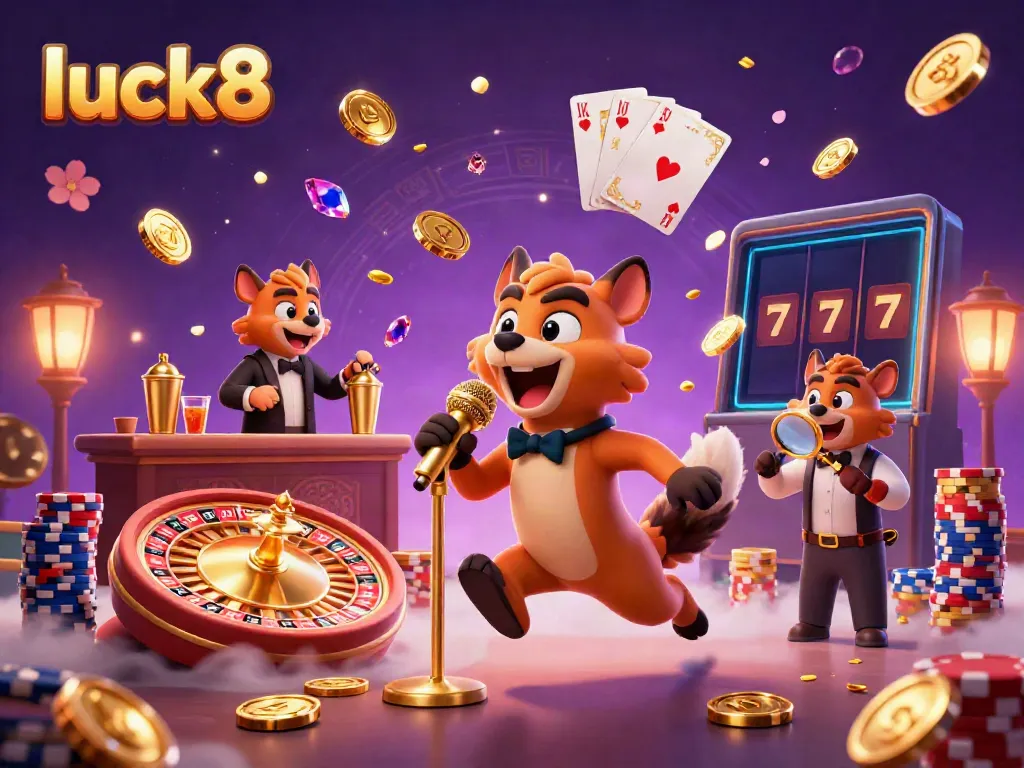 Join the fun at luck8 casino featuring hyenas in a colorful, vibrant casino scene with games and laughter.