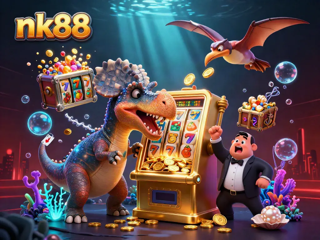 Experience nk88's thrilling jackpot excitement with vibrant cartoon dinosaurs in a dynamic casino scene.