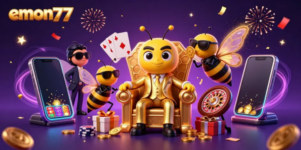 Experience thrilling gameplay with emon77's vibrant 3D casino illustration featuring a cartoon mob boss and gaming elements.
