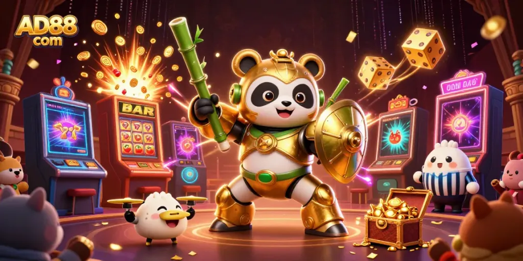Engage in thrilling gameplay at AD88 com with a joyful 3D casino illustration showing excitement and vibrant visuals.