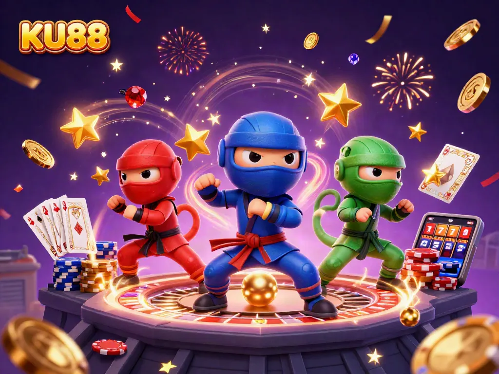 Bet on exciting wins with KU88, featuring synchronized chameleon ninjas and vibrant casino elements.