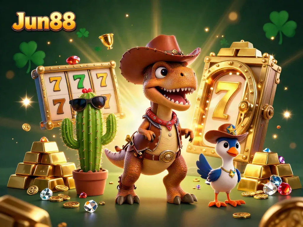 Engage in thrilling adventures with Jun88's 3D cartoon characters in a vibrant casino setting.