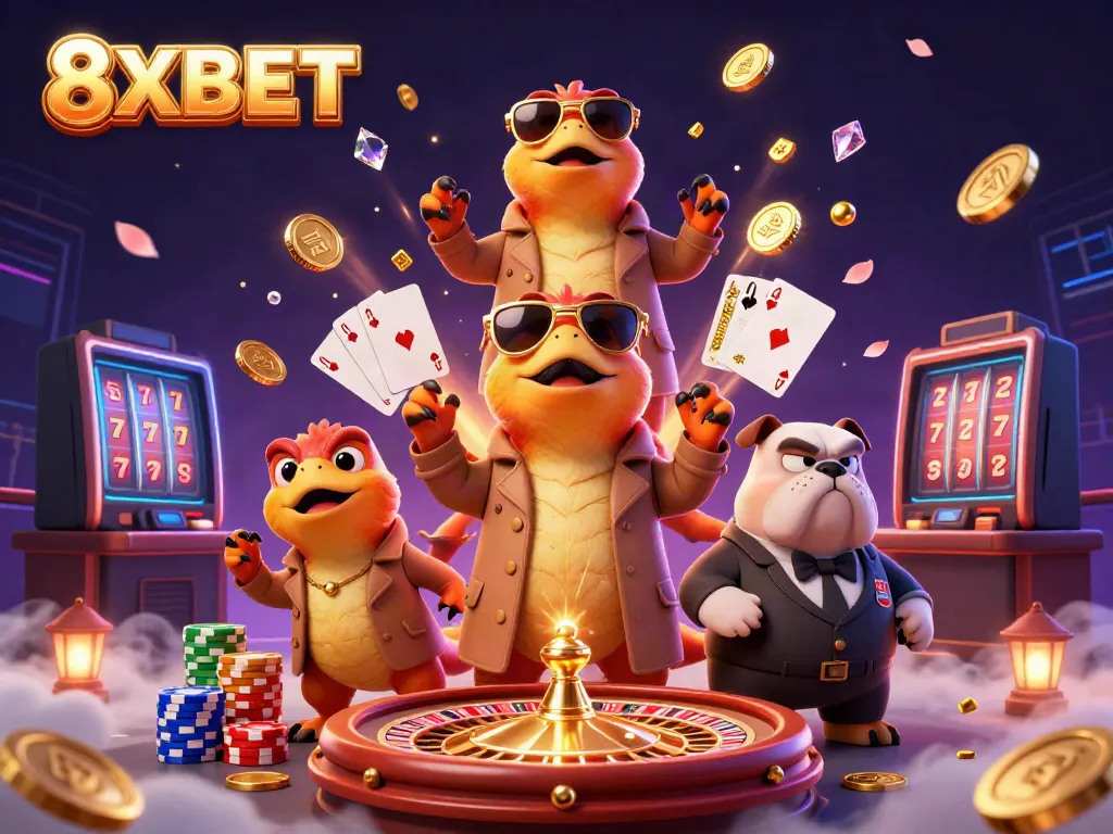 Engage with 8XBET through a whimsical scene as raptors attempt to enter a VIP casino lounge.