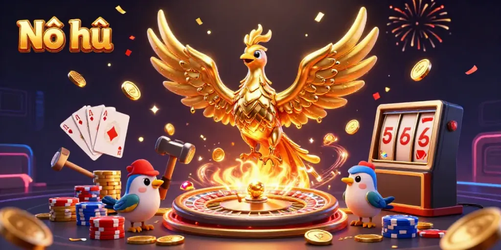 Nổ hũ showcases a golden phoenix and sparrow assistants amid flying coins and cards in an enchanting casino scene.