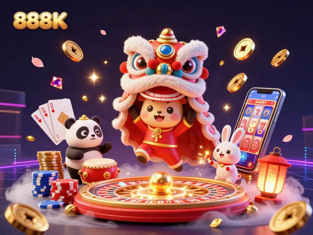 Experience the thrill of winning at 888K with vibrant characters and dynamic casino elements in an exciting 3D scene.