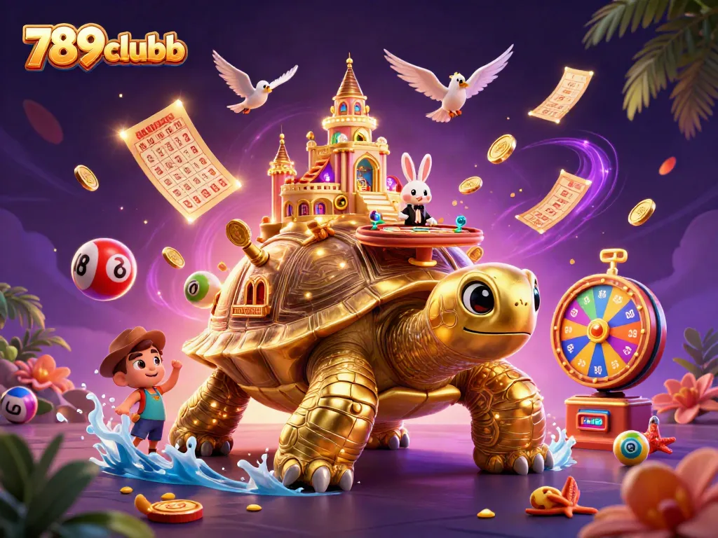 Experience excitement at 789clubb casino with a golden tortoise, rabbit dealer, and colorful game elements!