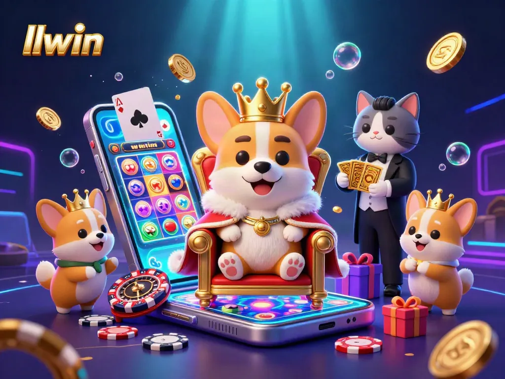 Experience thrilling gaming at llwin with an ultra-detailed 3D casino scene featuring playful characters and slots.