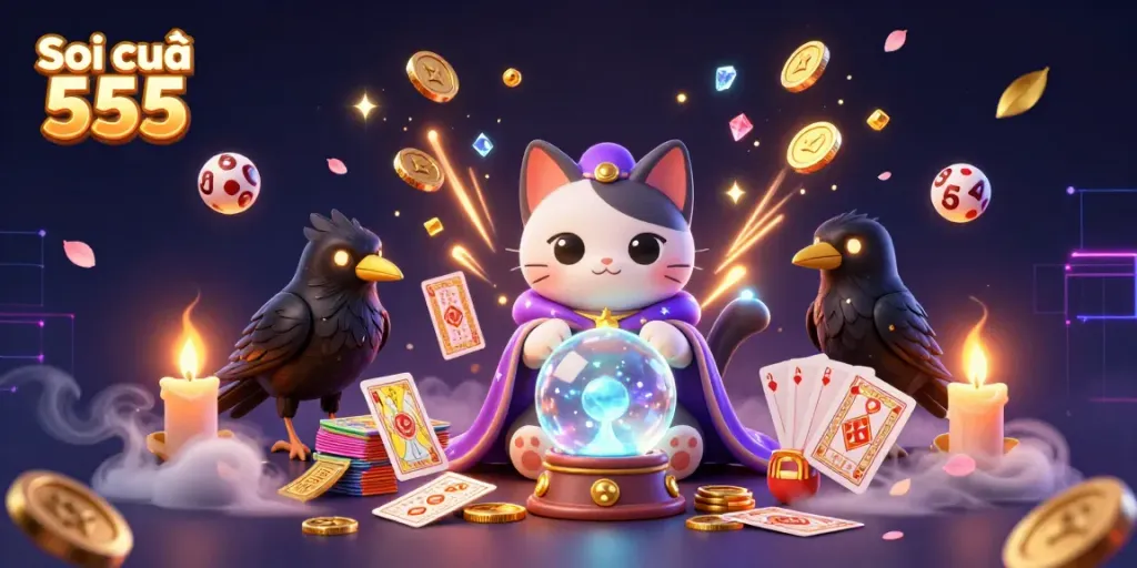 Soi cầu 555 represents a mystical lottery experience with vibrant characters, glowing elements, and dynamic symbols of fortune.