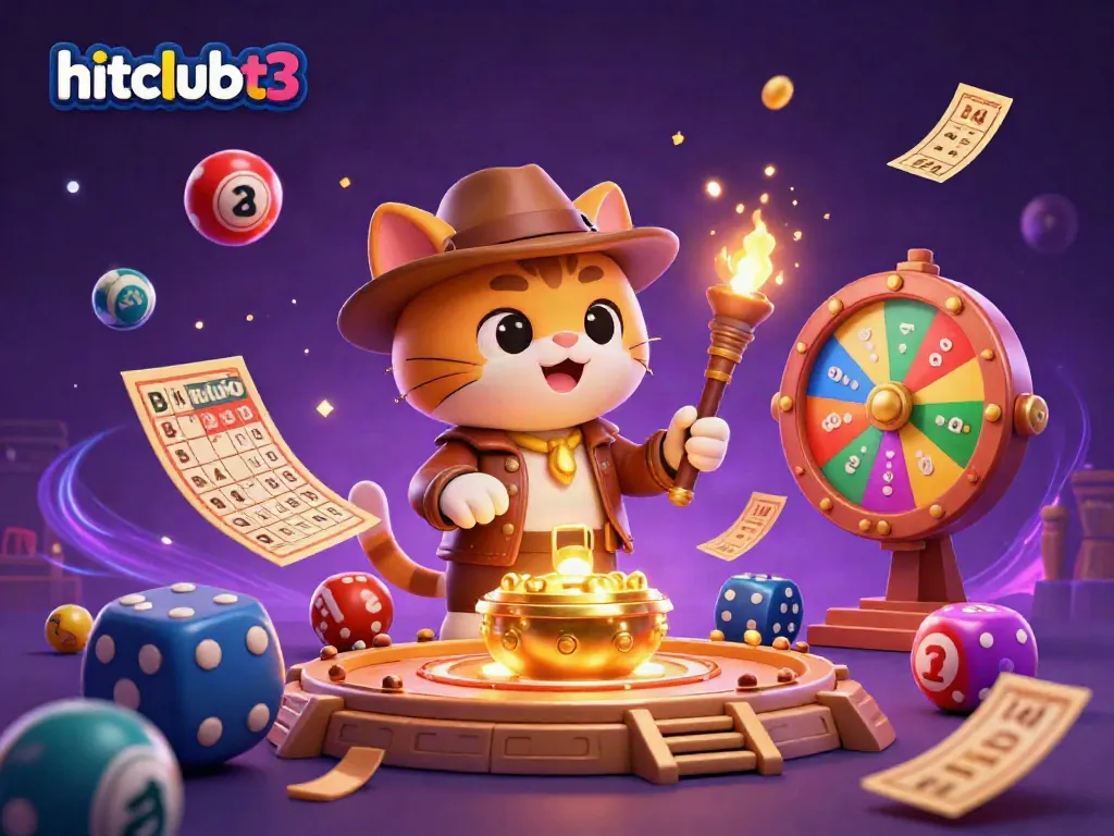 Experience the thrilling excitement of hitclubt3 with an explorer cat discovering gold while surrounded by vibrant casino elements and action.