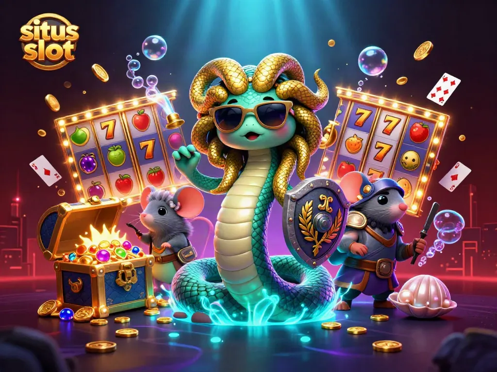 Experience vibrant situs slot action with Medusa and a warrior mouse in a colorful 3D illustration bursting with excitement.