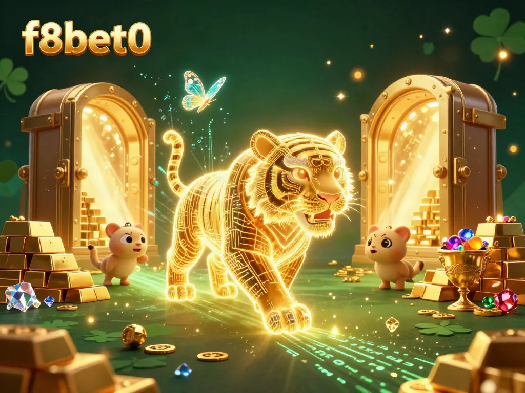Engage in thrilling gameplay at f8bet0 with vibrant casino elements and a golden tiger in a digital landscape.