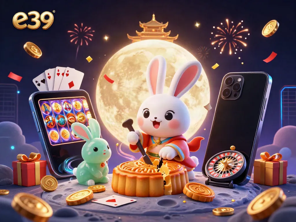 Engage with e39 as a moon rabbit reveals poker chips in a vibrant casino illustration.