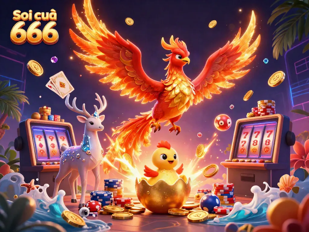 Soi cầu 666 showcases a vibrant 3D phoenix scene celebrating lottery excitement with glowing symbols