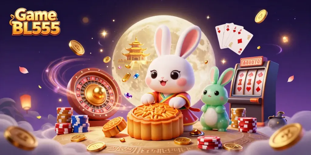 Engage in Game BL555 with a cartoon moon rabbit winning jackpots amidst gold coins and gaming elements.